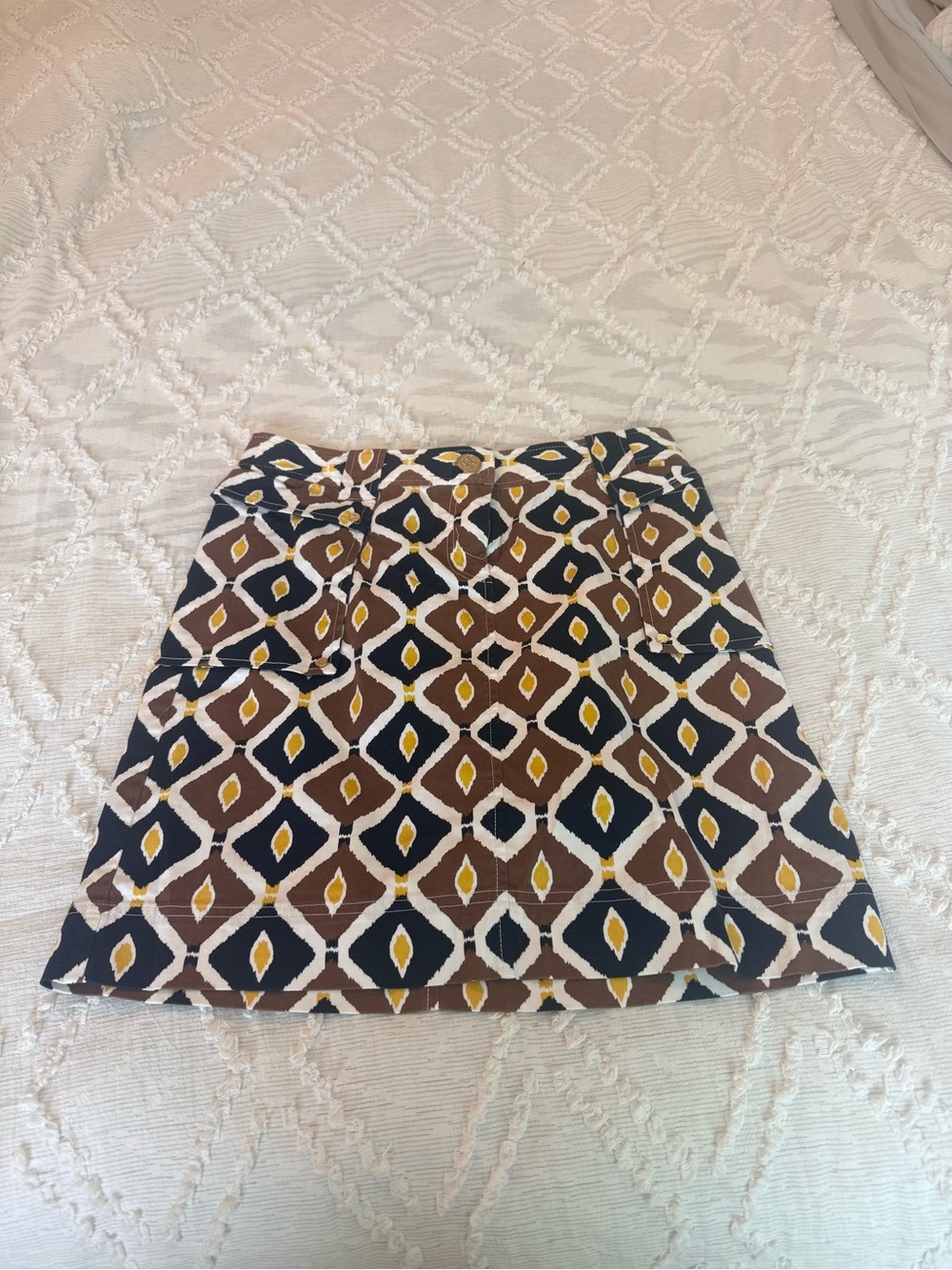 Tory Burch Navy, Brown, White & Mustard Geometric Skirt